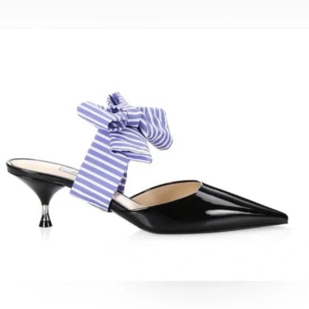 Prada Large Bow Leather Mules Heel Pumps - 39 (9) Nero Azzuro